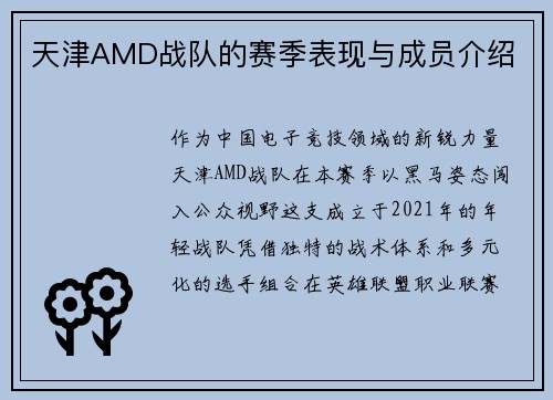 天津AMD战队的赛季表现与成员介绍