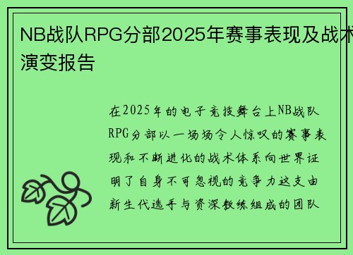 NB战队RPG分部2025年赛事表现及战术演变报告