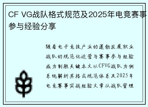 CF VG战队格式规范及2025年电竞赛事参与经验分享